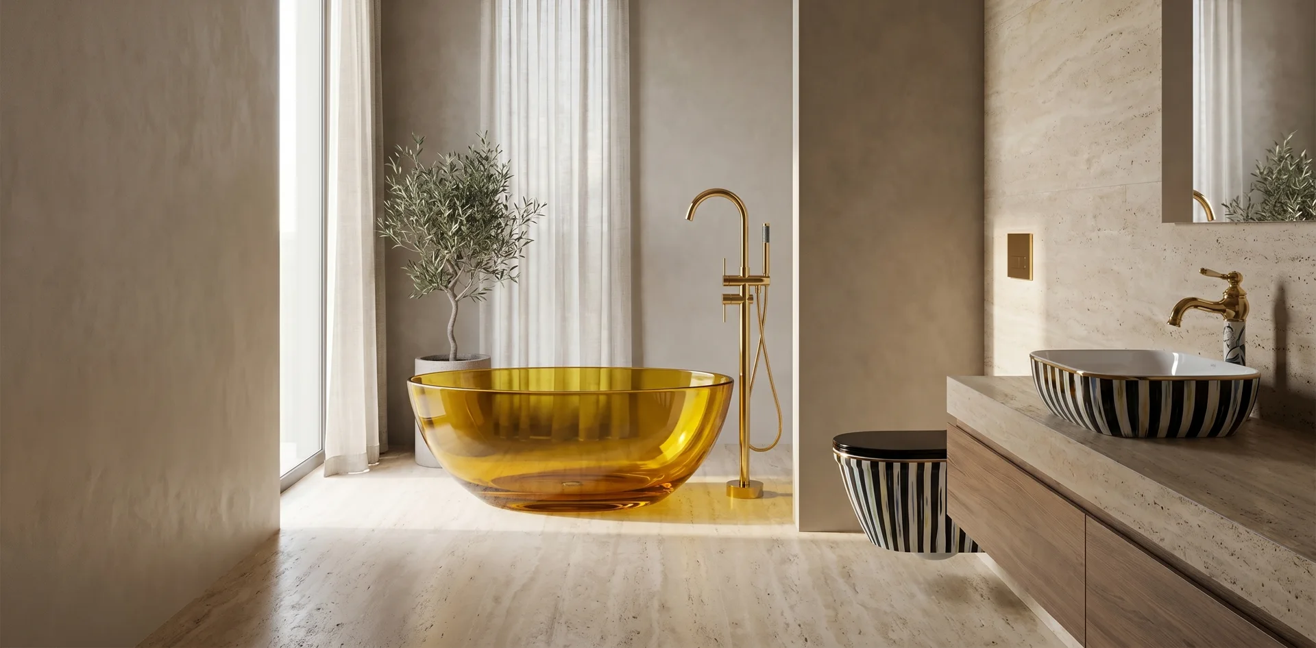 El yapımı banyo seti — küvet, çanak lavabo, armatür ve asma klozet bir arada