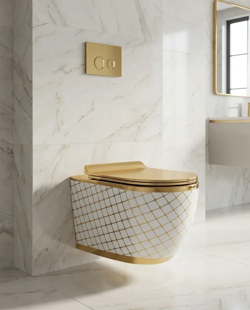 Geometrisches Weiß-Gold Randloses Wand-WC