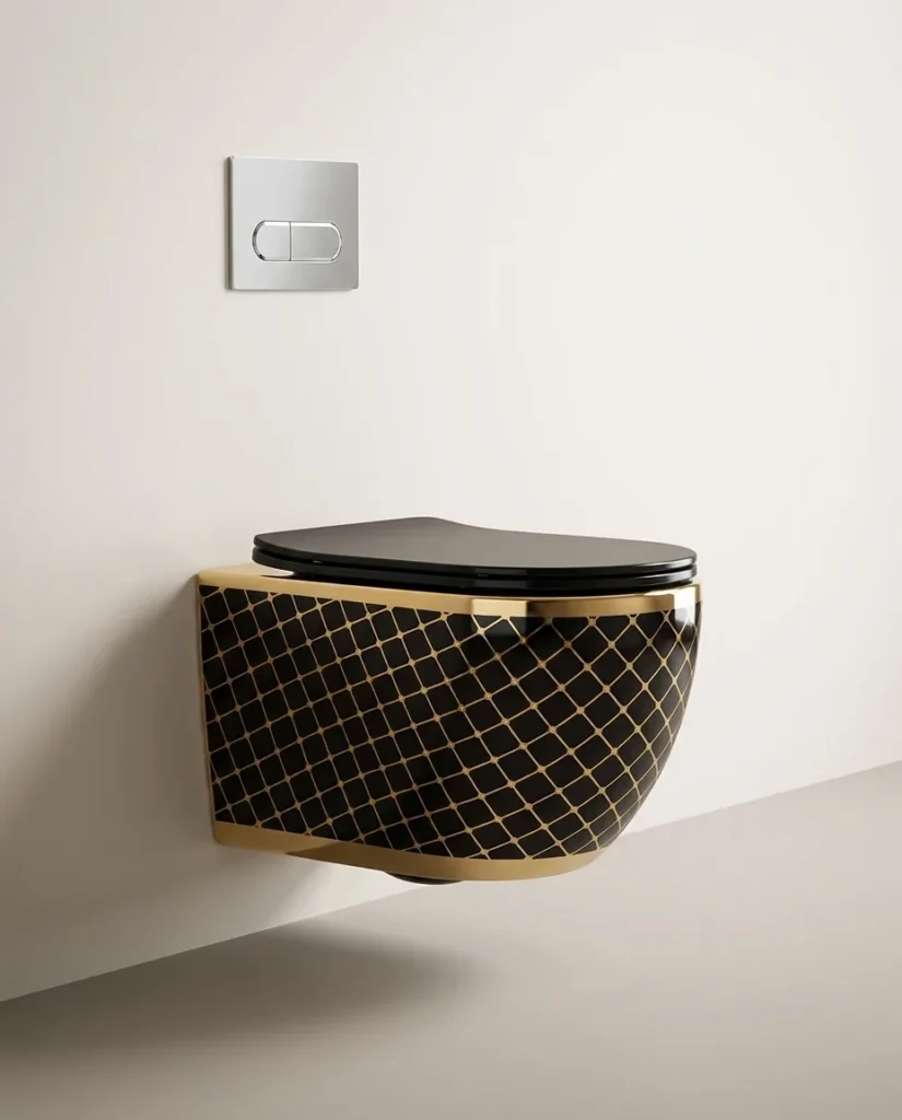 Geometrisch Schwarz-Gold Randloses Wand-WC