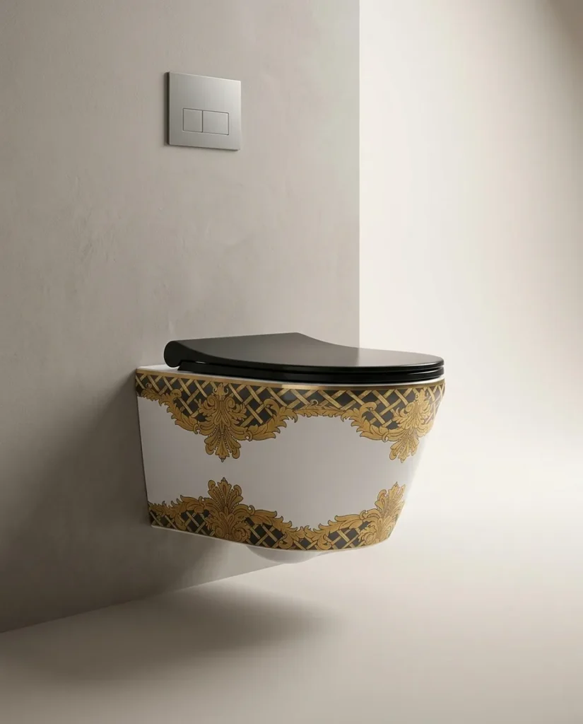 Kleopatra WC Suspendu Sans Bride Blanc et Doré