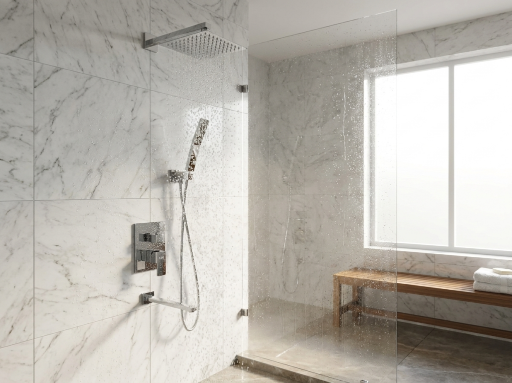 ankastre duş sistemi krom banyo sahnesi