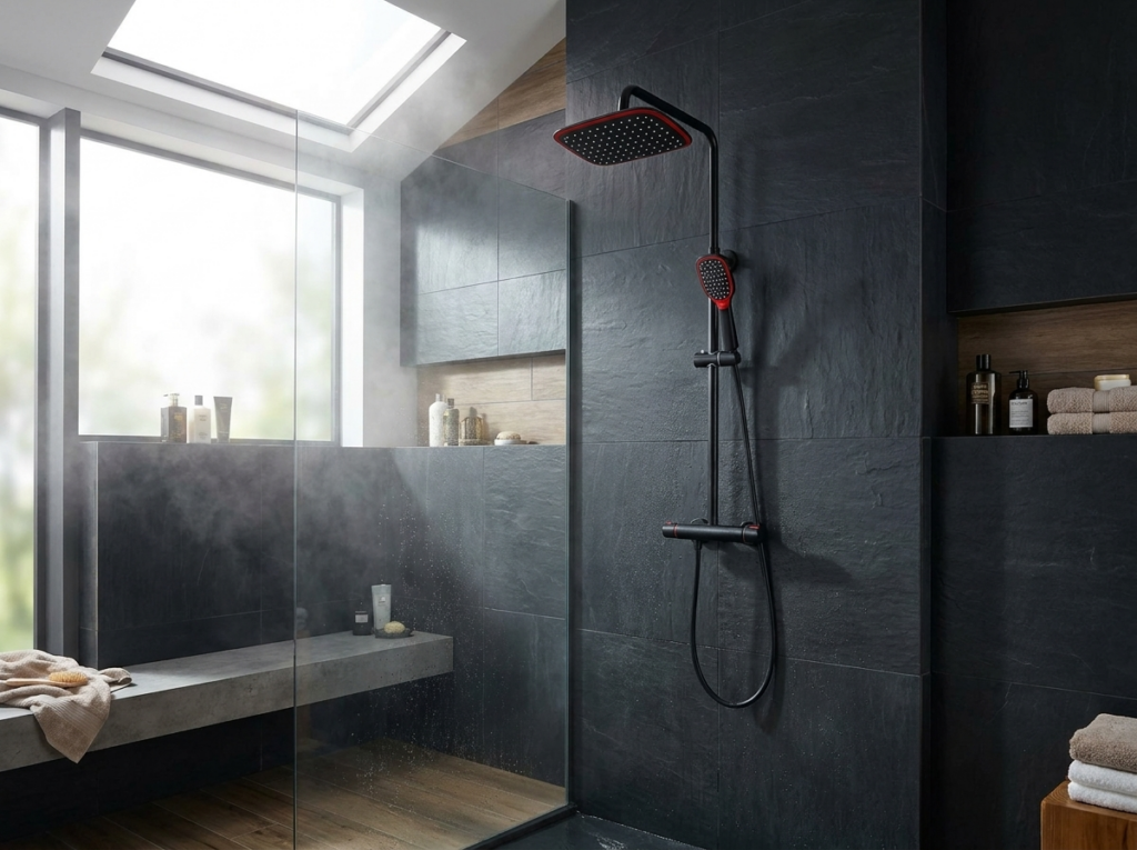meridyen mat siyah kırmızı duş seti banyo