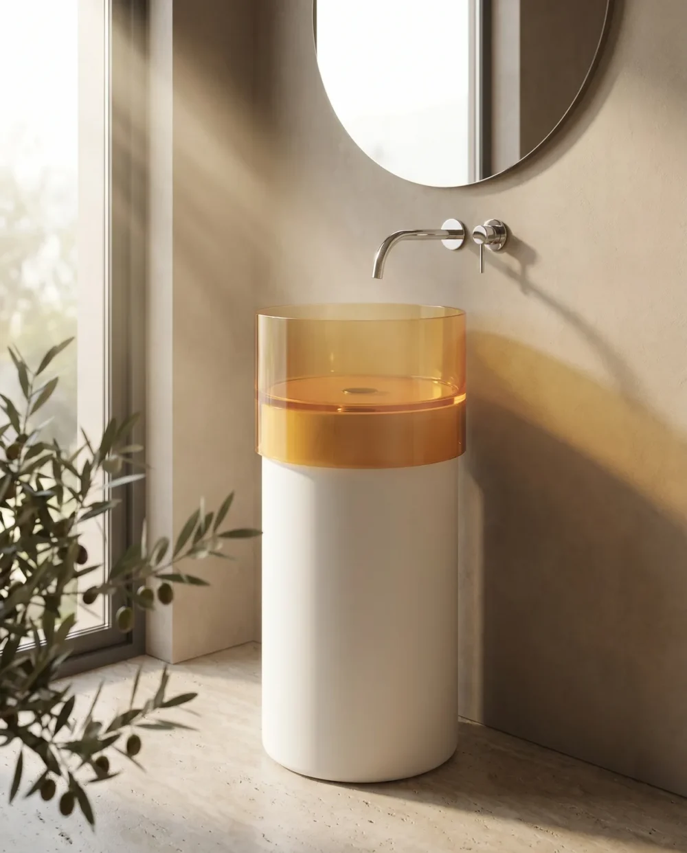 Crystal Şeffaf Sarı Beyaz Cam Monoblok Lavabo