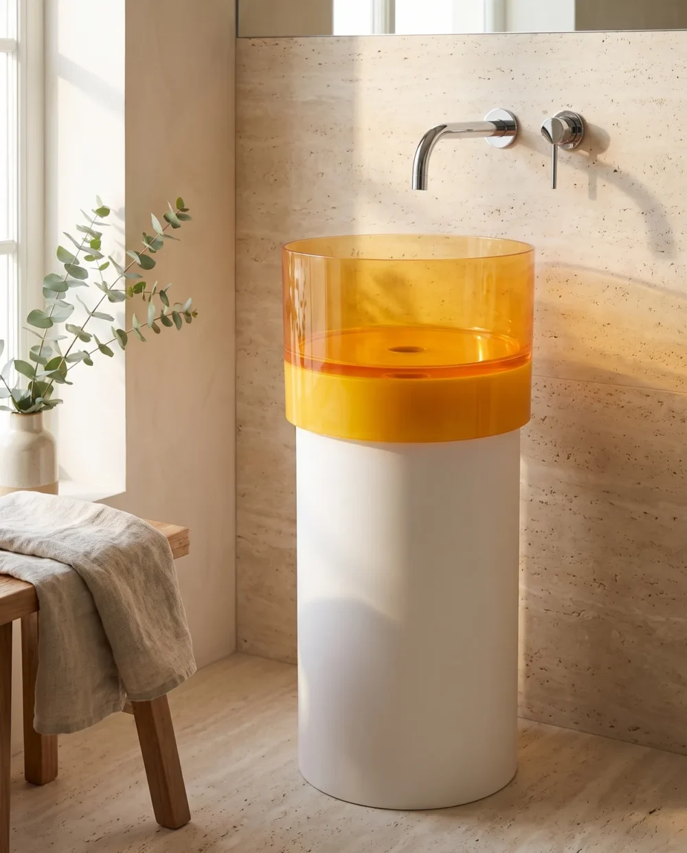 Crystal Şeffaf Sarı Beyaz Cam Monoblok Lavabo