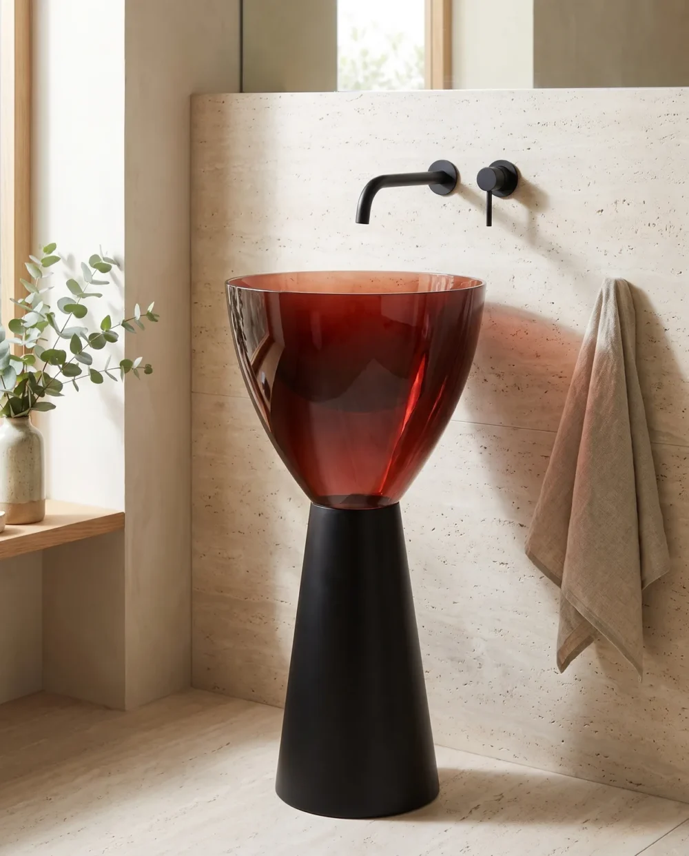 Crystal Şeffaf Kırmızı Siyah Cam Monoblok Lavabo