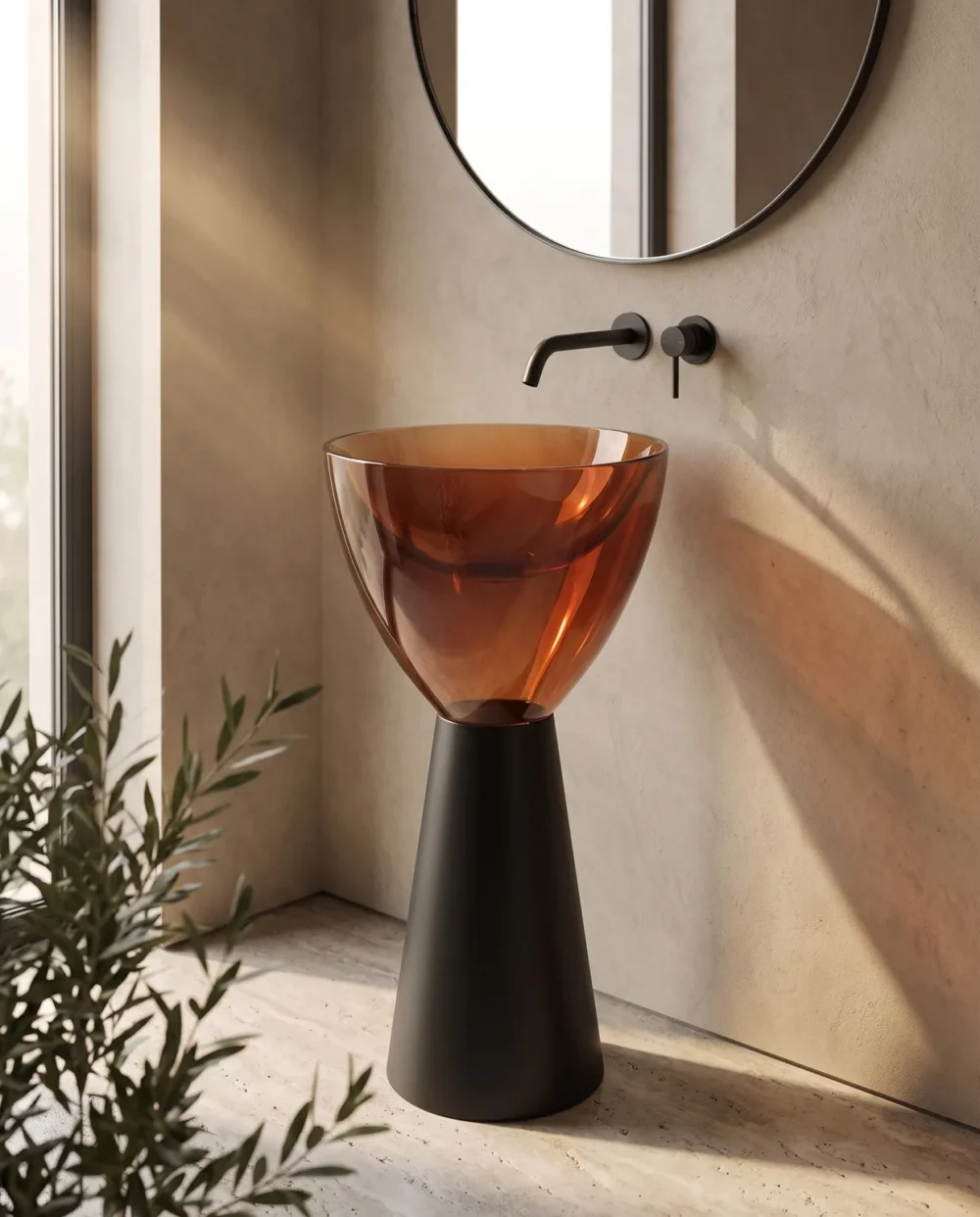Crystal Şeffaf Kırmızı Siyah Cam Monoblok Lavabo