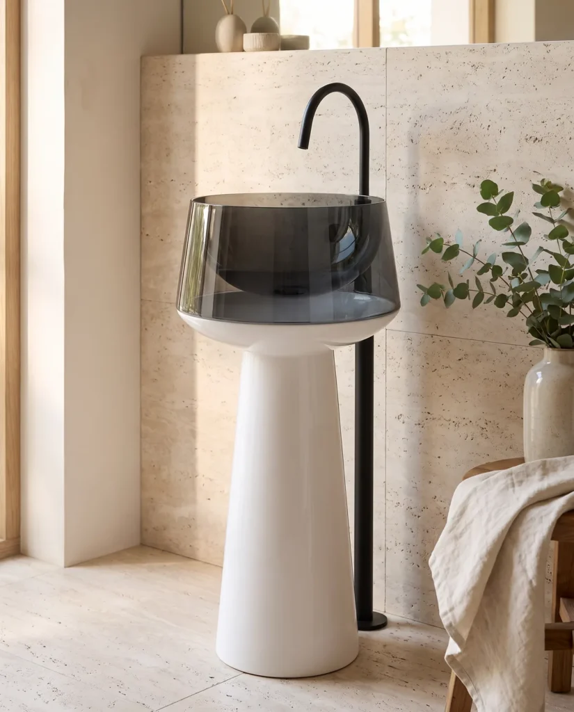Crystal Şeffaf Siyah Beyaz Cam Monoblok Lavabo