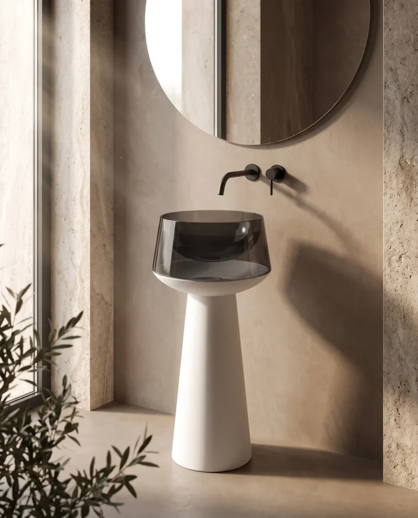 Crystal Şeffaf Siyah Beyaz Cam Monoblok Lavabo