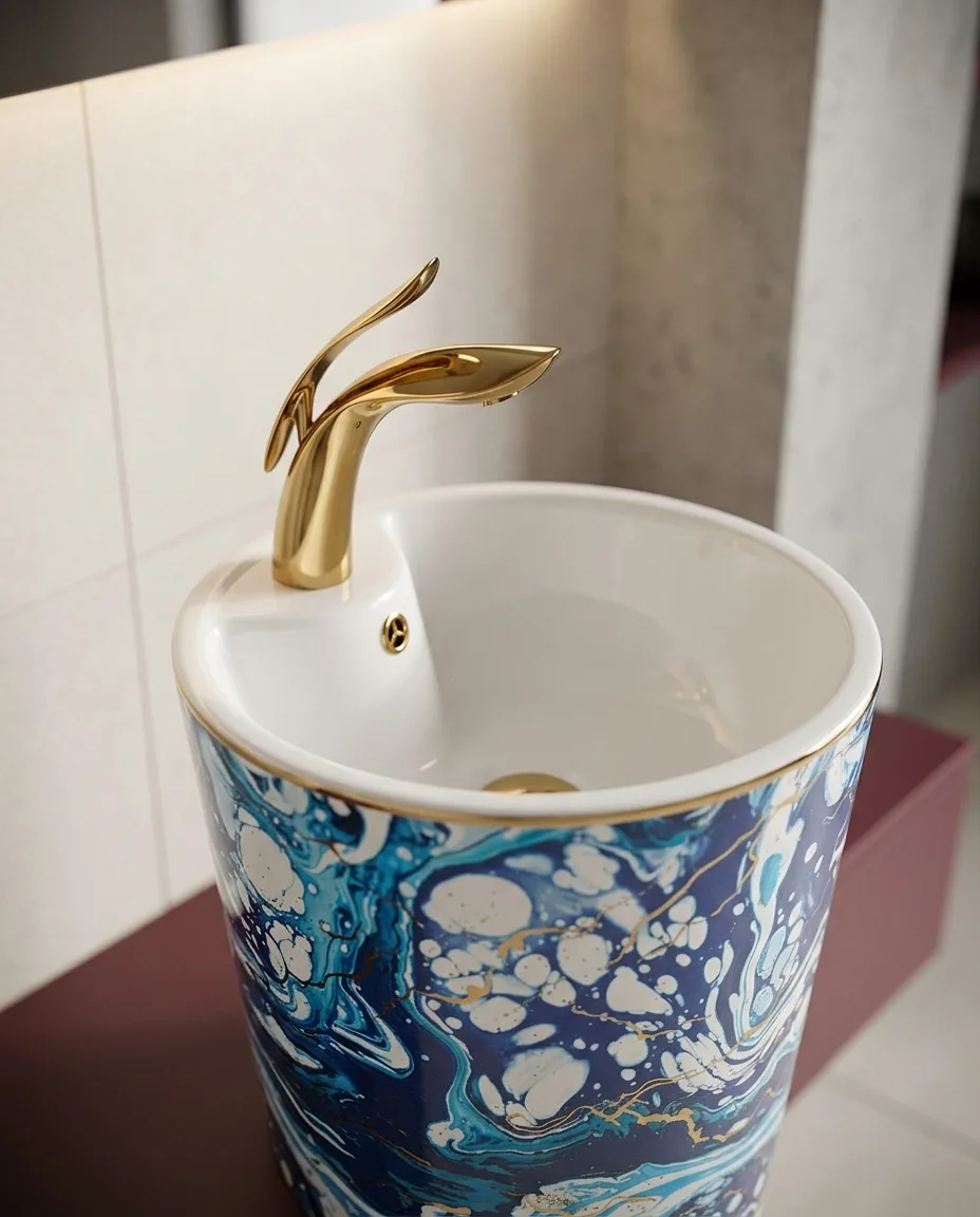 Ebru Mavi Altın Monoblok Lavabo