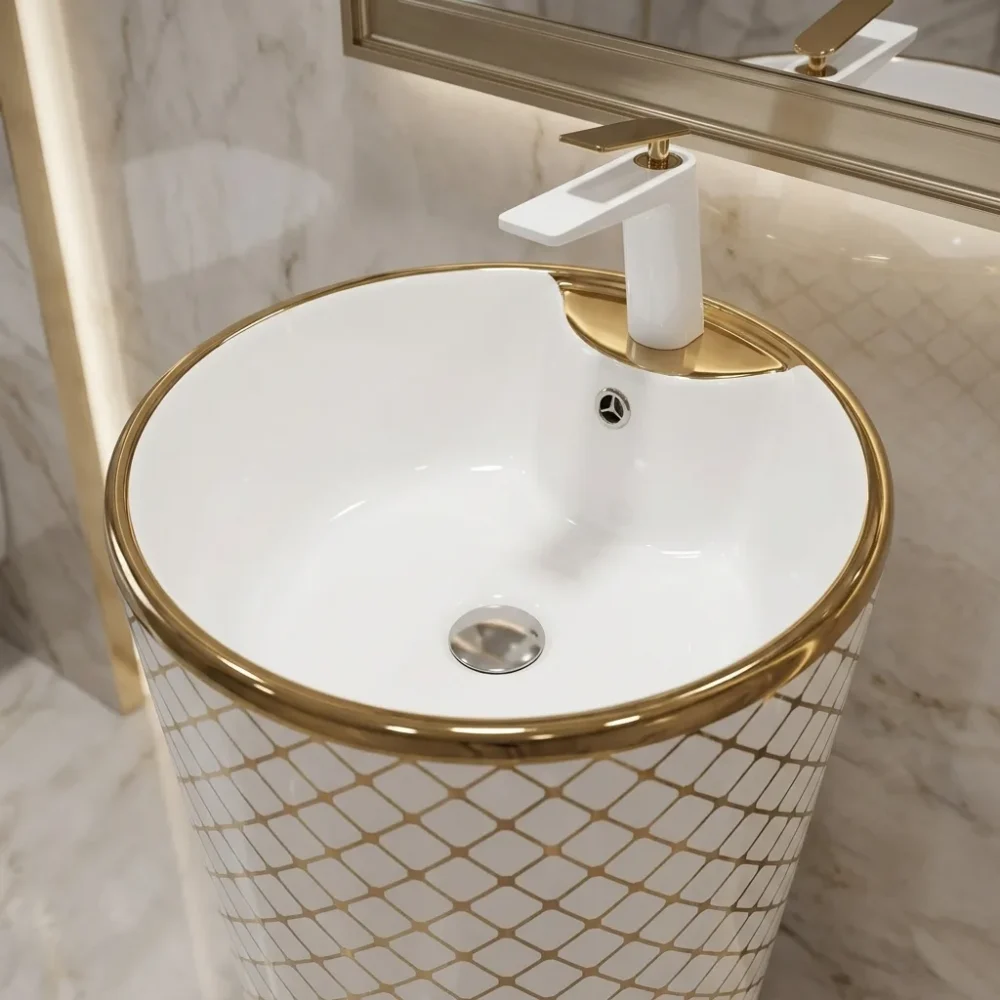 Geometrik Beyaz Altın Monoblok Lavabo