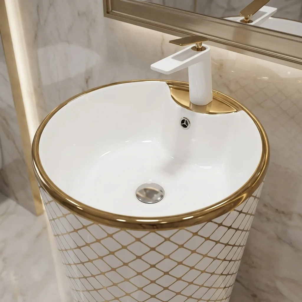 Geometrik Beyaz Altın Monoblok Lavabo