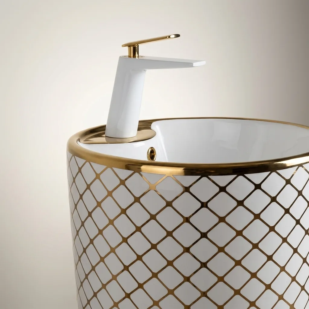 Geometrik Beyaz Altın Monoblok Lavabo