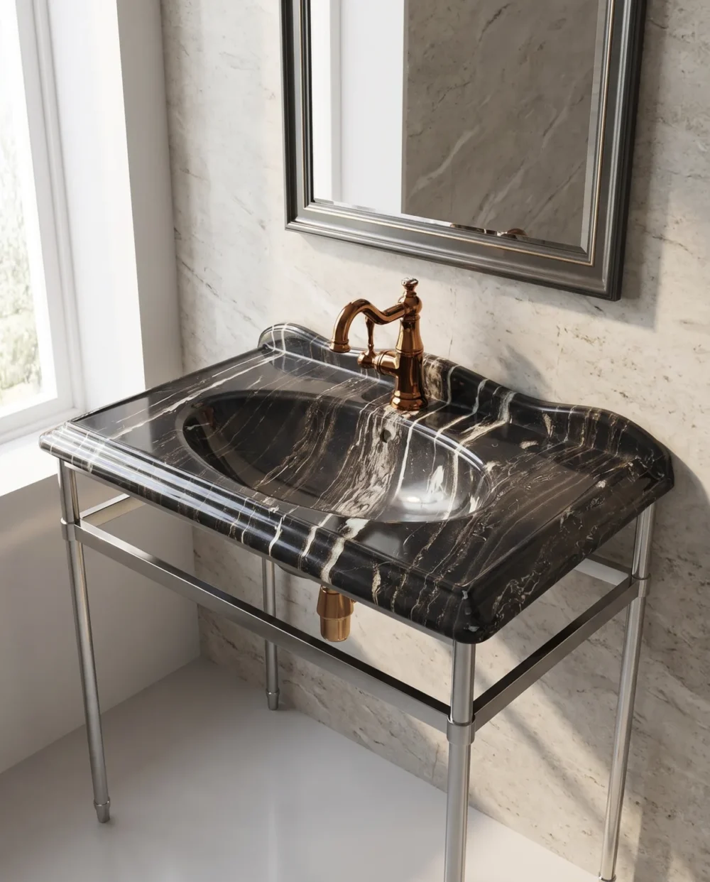Victorian Deep Black Etajerli Lavabo